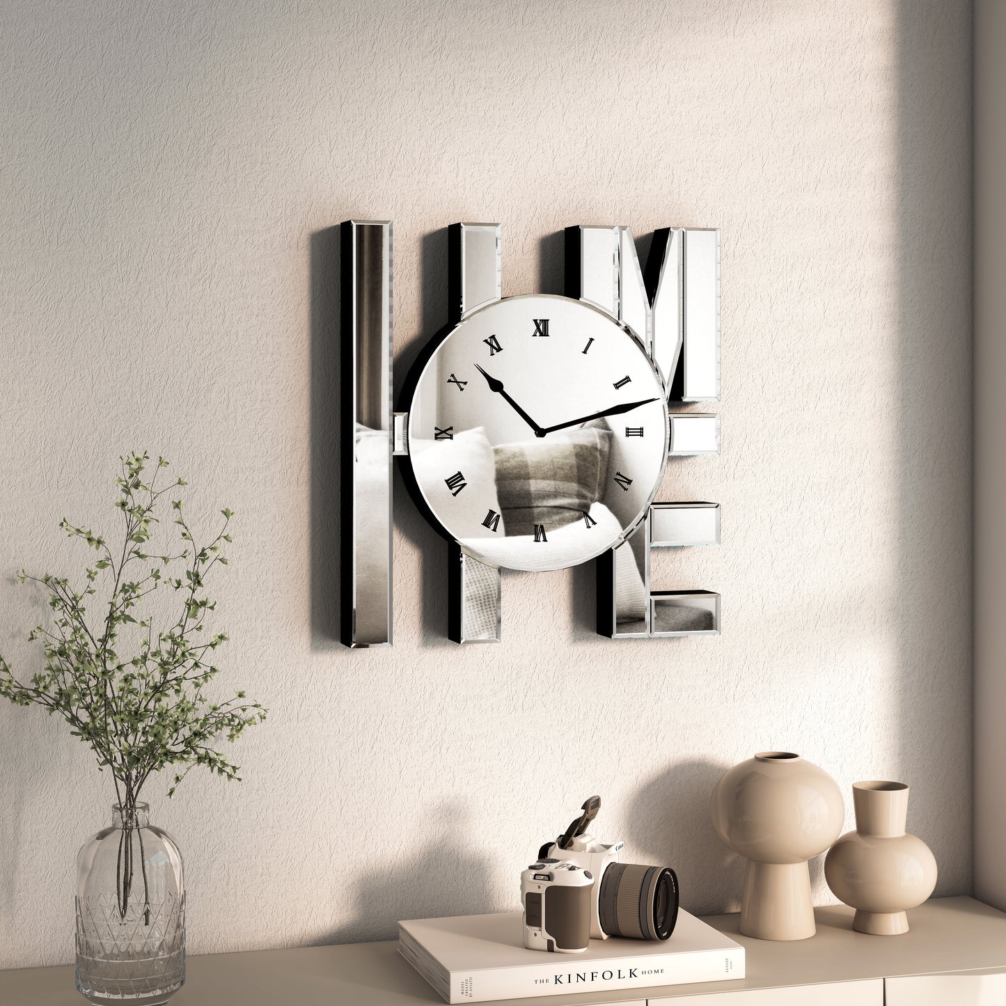 14" Silver Mirrored Glass Silent Analog Home Wall Clock