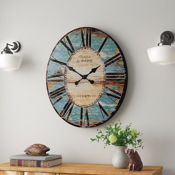 Turquoise Oversized Distressed Paris Wood Wall Clock-2