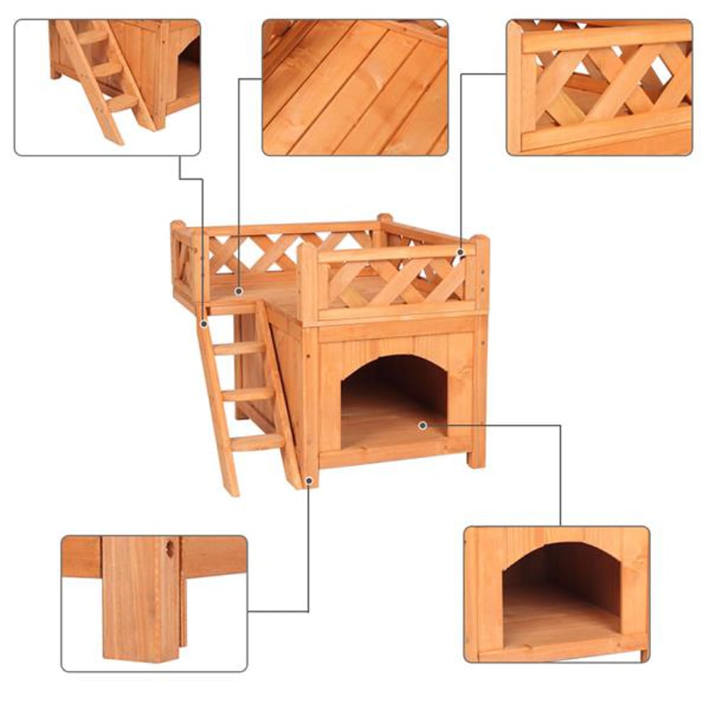 DIY Wooden Tiny Living House Shelter Kennel for Pets with Balcony Easy Set up