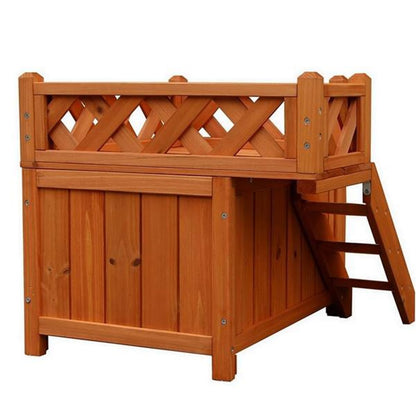 DIY Wooden Tiny Living House Shelter Kennel for Pets with Balcony Easy Set up